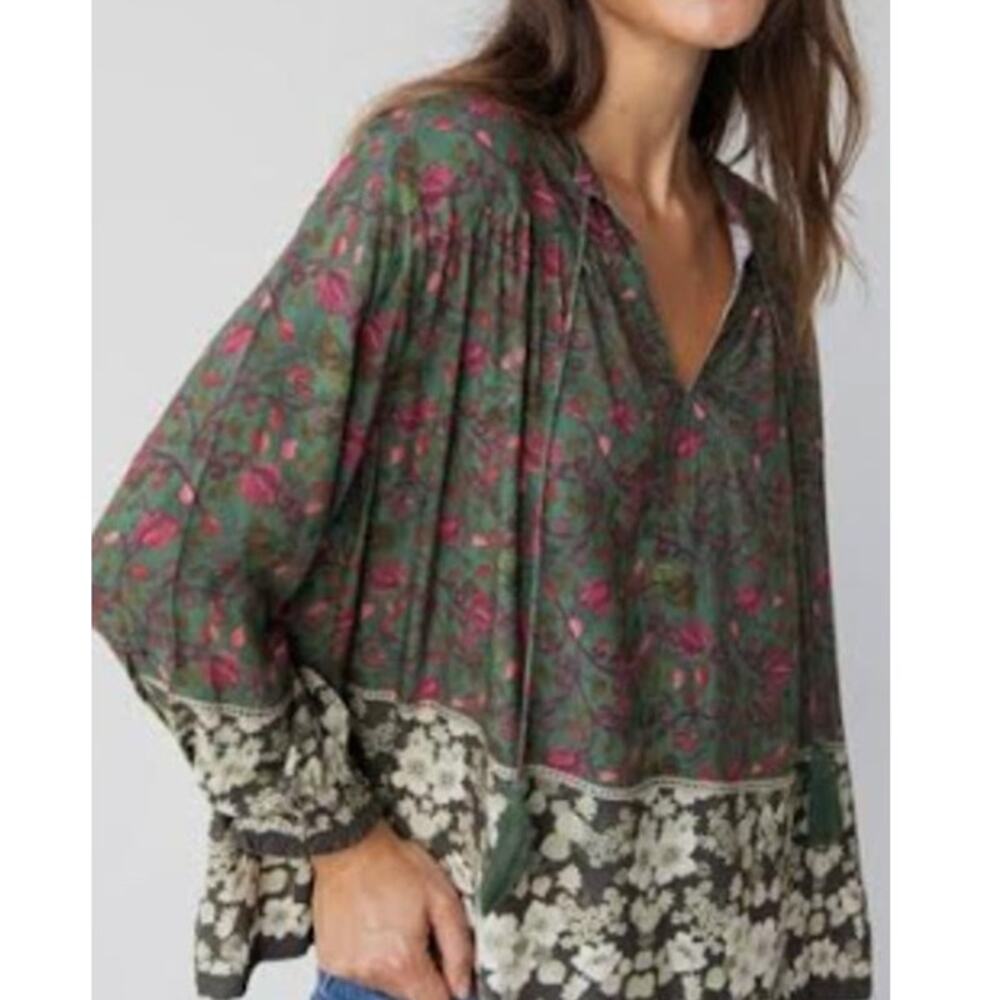 Natural Life Womens Dara Floral Peasant Tunic XS Smocked Cuffs Boho Cottagecore